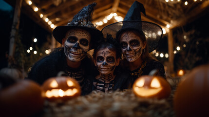 Group of family members dressed as skeletons and witches, spooky pumpkin lanterns on the table, Halloween family fun night. Halloween lanterns, family party, skeleton makeup, pumpk