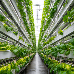 Vertical farming, growing green vegetables using hydroponics in a modern greenhouse