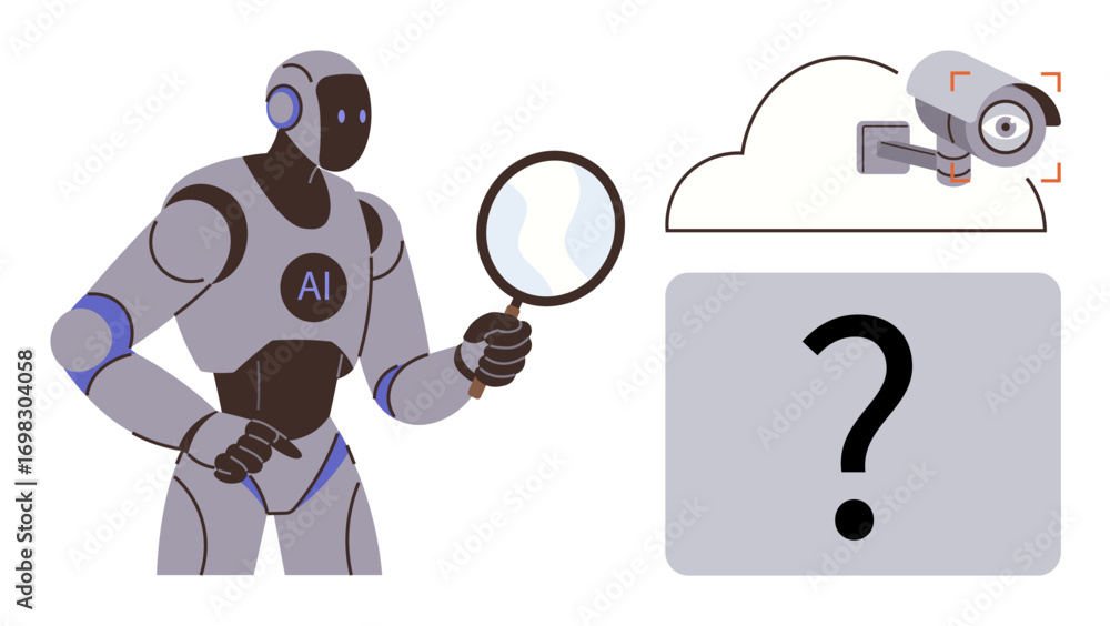 Aufkleber robot holding magnifying glass examines data with surveillance camera linked to cloud storage and qu