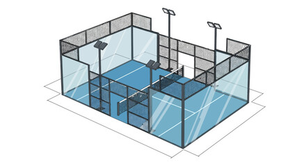 Modern Padel Tennis Court with Glass Walls and Lighting, Design Rendering of an Outdoor Sports Facility for Recreational Play and Professional Matches