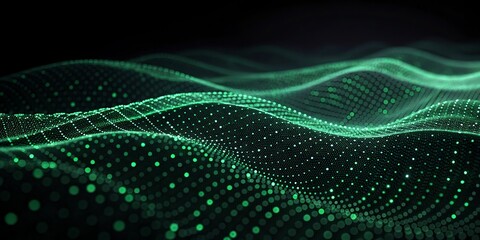 Abstract flowing green energy waves and particles creating an intricate futuristic digital landscape