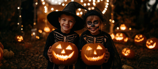 Happy kids in witch hats and skeleton costumes with their parents, holding glowing pumpkins, Halloween celebration at home Halloween family fun, pumpkin carving, scary costumes, ho