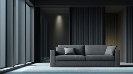 Minimalist contemporary living room with dark textured walls, L-shaped grey sofa on light blue rug, large window,