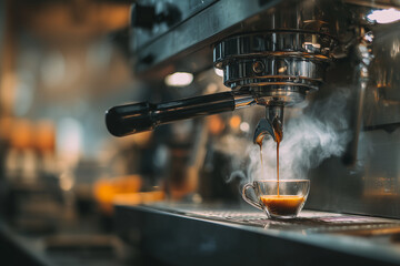 Stainless steel espresso machine with double portafilter, steam rising, fresh golden crema forming, coffee enthusiast capturing the moment. espresso extraction, coffee technology,
