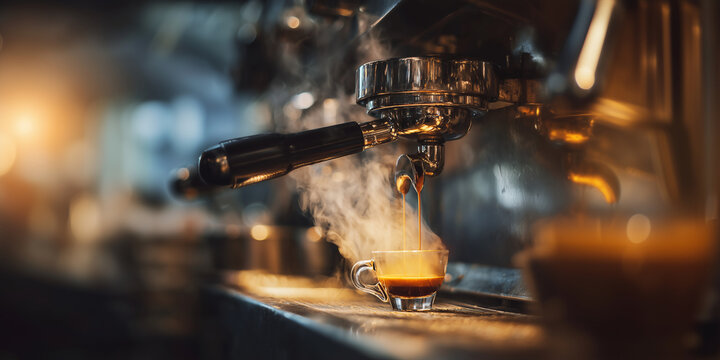 Stainless steel espresso machine with double portafilter, steam rising, fresh golden crema forming, coffee enthusiast capturing the moment. espresso extraction, coffee technology,
