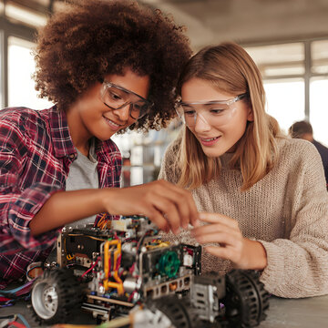 Engineering students building a robot in robotics laboratory