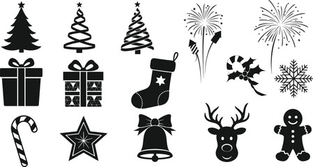 Christmas icons in black silhouette style including tree, gifts, fireworks, stocking, snowflake, candy cane, deer, and gingerbread.