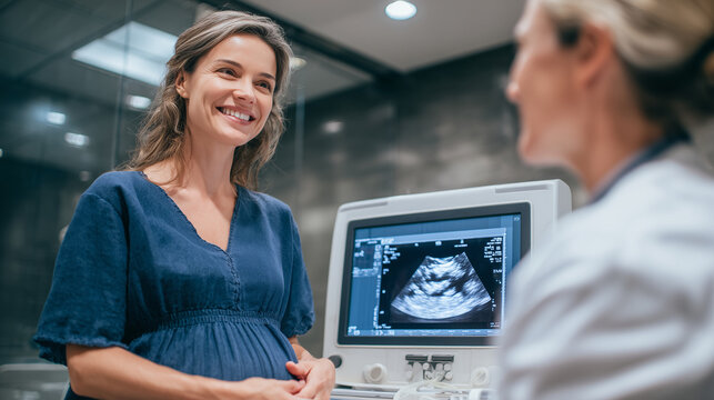 Doctor explaining ultrasound results to pregnant woman, pointing at monitor, clinic room with advanced medical equipment. prenatal diagnosis, pregnancy monitoring, healthcare consu