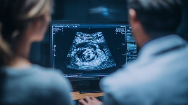 Prenatal ultrasound in progress, fetus image on display, mother and doctor engaged in diagnostic consultation. prenatal ultrasound, fetus sonogram, medical assessment, pregnancy ch - Powered by Adobe