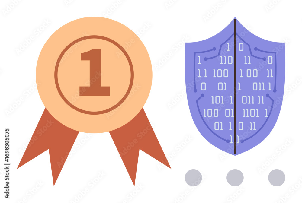 Poster award medal with ribbon alongside a shield displaying binary code signifies leading achievement in c