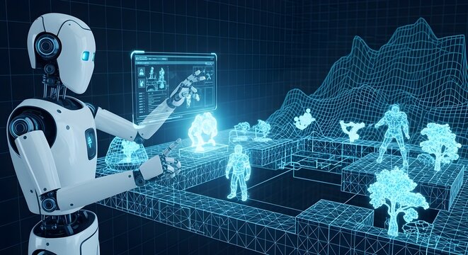 AI in the gaming industry, showing a robot developer designing a video game level with a holographic interface