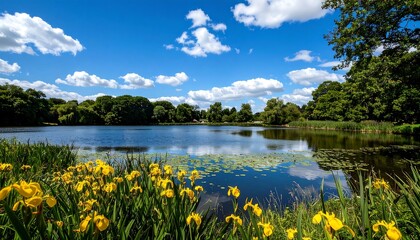 Serene lake scene under a vibrant blue sky