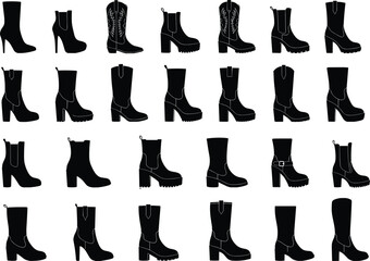 Collection of women’s boot silhouettes, fashionable footwear vector set for design, apparel, accessories, fall fashion, shoe store, and e-commerce
