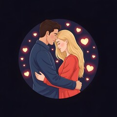 Romantic Couple Embracing Underneath a Starry Night Sky Filled with Hearts