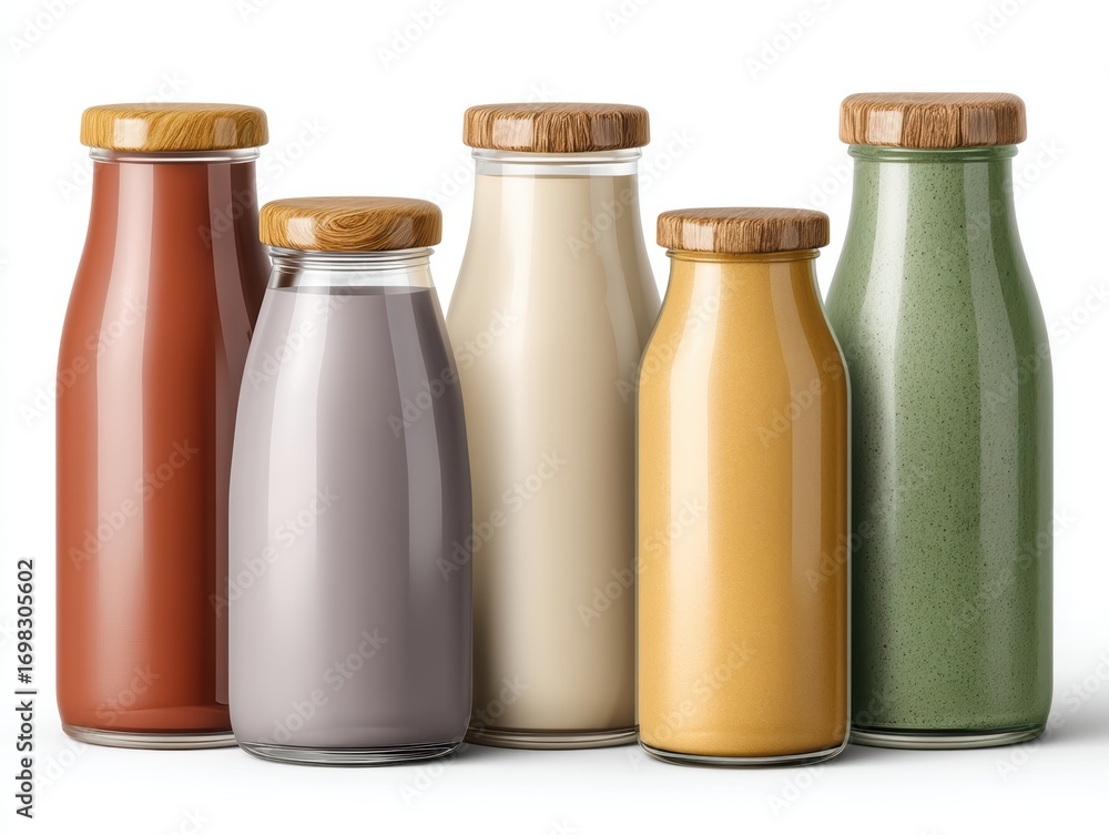 Poster colorful glass bottles arrayed in a row, spectrum of hues and textures vibrant