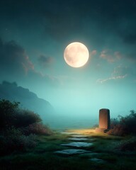 Lonely gravestone lit by moonlight in a dreamy foggy valley with stone path and wildflowers. Peaceful, symbolic nighttime setting.