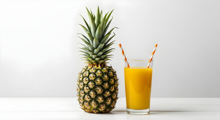 Fresh Pineapple Juice and Whole Pineapple on White Background