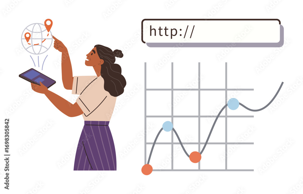Poster woman pointing at globe with location pins, holding tablet, next to graph and url bar. ideal for tec
