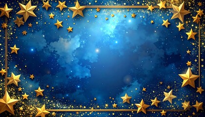 Gold stars frame a blue space background with clouds and sparkles around a brighter center