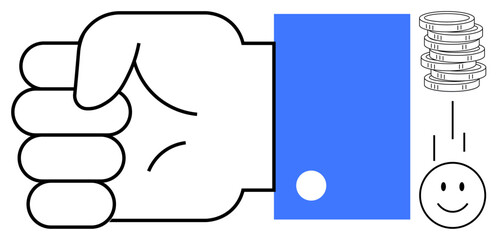 Hand releasing coins to a cheerful face, symbolizing donation, financial aid, sharing, and kindness. Ideal for charity, finance, teamwork, volunteering care generosity themes simple flat metaphor