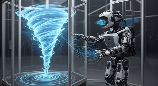 A meteorologist AI robot controlling a holographic tornado simulation