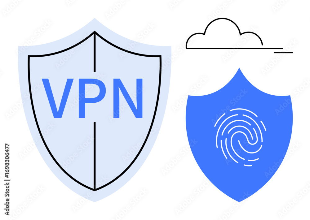 Poster two shields representing vpn and fingerprint security alongside a minimalist cloud, emphasizing onli