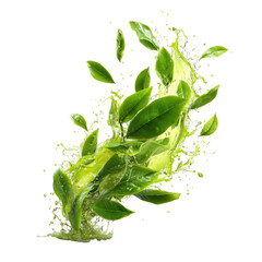 Fresh green tea leaves in a burst of water