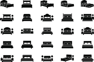 Set of bed icon silhouettes, furniture interior design elements, modern and classic bed styles for home, hotel, and room decoration