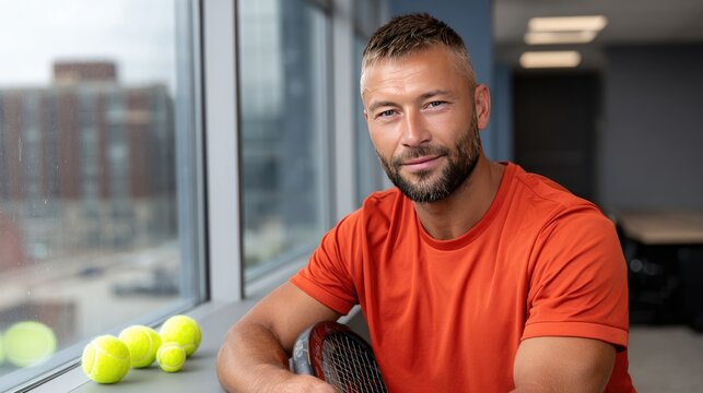 Athletic man stands confidently inside a modern palace, holding a tennis racket with yellow balls soaring around him, showcasing his skill