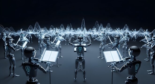 A master AI conducting a full orchestra of robots playing instruments of light,