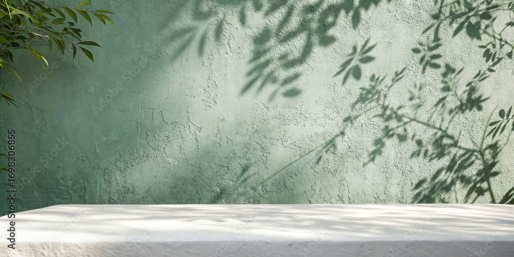 Poster minimalist scene with dappled light and shadow of leaves on a textured wall and empty surface