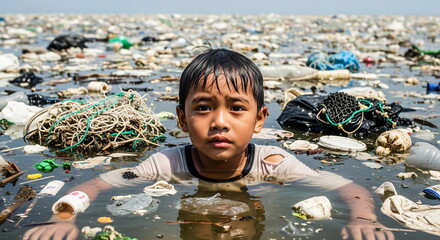 A boy stands in water filled with plastic garbage and debris. Environmental crisis and pollution concept for conservation awareness.