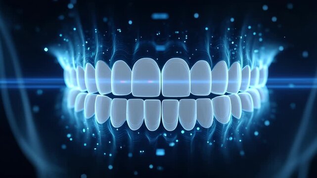 Futuristic digital dental scan hologram teeth jaw blue light technology 3D render close up oral health vibe glowing with precision clinical