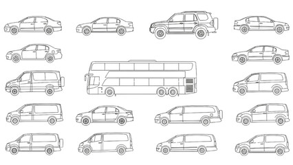 CAD Vehicle Drawings | Car, Bus, Minibus Silhouettes and Outlines | Top and Side View Vector Set