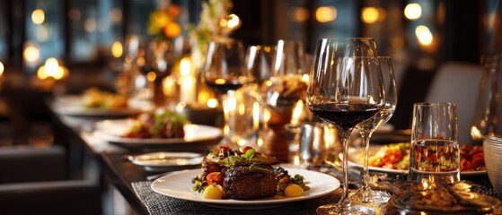 Fine Dining Ambiance: Capturing the elegance of a gourmet meal set in a candlelit restaurant. The scene evokes warmth, sophistication, and the promise of a memorable dining experience.
