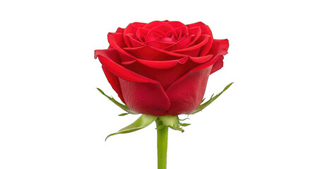 Fototapeta premium Single vibrant red rose with green stem and leaves isolated on a transparent background