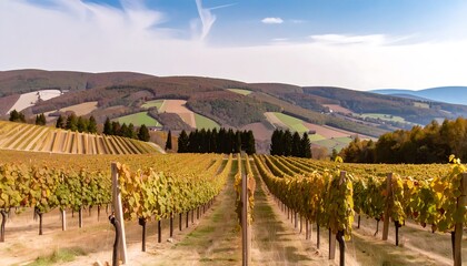 Fototapeta premium Vineyard rows stretch to hills