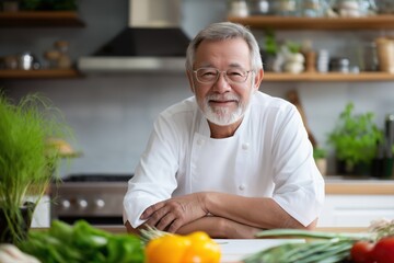 Elderly asian male chef smiling in kitchen surrounded by fresh vegetables