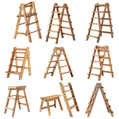 Wooden ladders displayed in various positions showcasing unique designs and craftsmanship