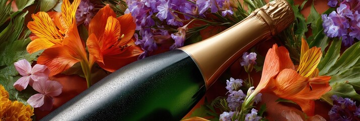 Champagne bottle with colorful floral arrangement on orange background