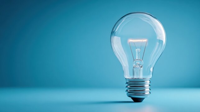 An incandescent light bulb with visible filaments and halogen gas sits against a solid blue background,