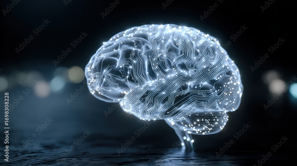 Poster the mind's architecture: a glowing digital rendering of a human brain, its intricate network of neur