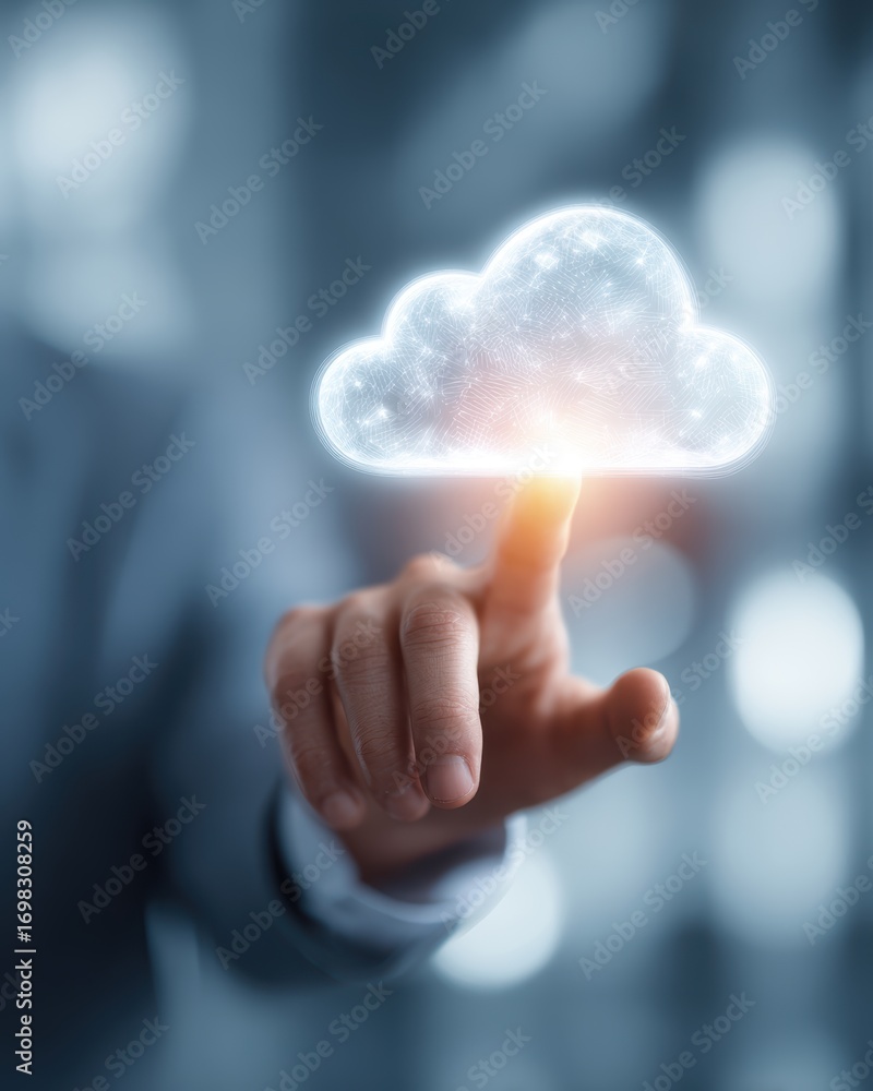 Poster cloud connection: an index finger touches a radiant, digital cloud, symbolizing data transfer and th