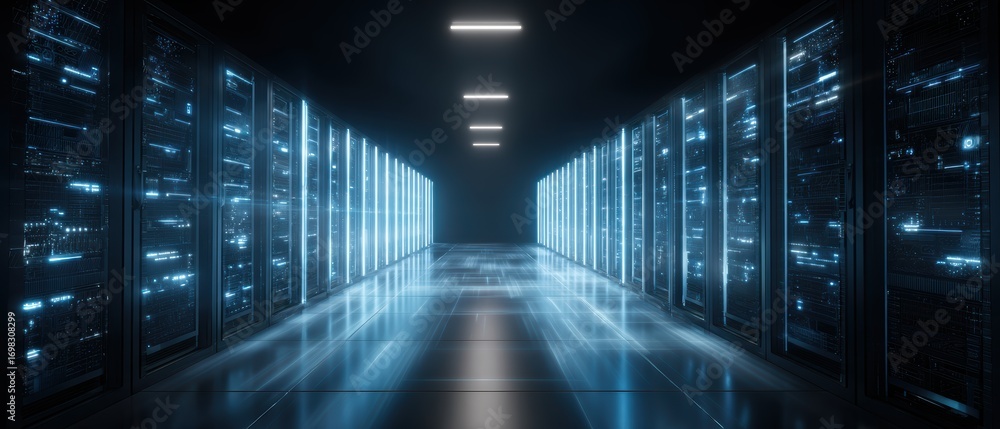 Poster digital infrastructure: a mesmerizing visual journey through a modern server room, showcasing rows o