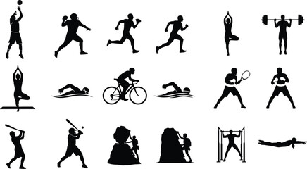 Collection of sports activity silhouettes including yoga, swimming, running, baseball, boxing, tennis, cycling, climbing, fitness, exercise, workout.