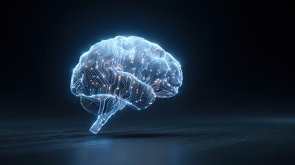 Digital Brain: A mesmerizing display of a luminous, holographic brain, radiating intricate neural networks against a sleek, dark backdrop.