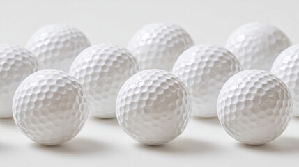 Eleven white golf balls with dimples arranged neatly on a smooth green surface, ready for play under bright daylight.