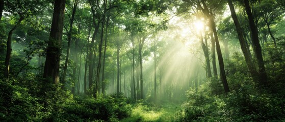 Obraz premium Lush Sunlight Forest: Sunlight streams through the trees of a lush green forest, casting a mesmerizing play of light and shadow, inviting the viewer to immerse themselves in this natural sanctuary.