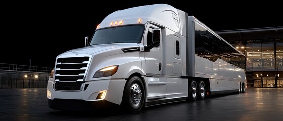 Powerful modern racing semi-truck features futuristic lights, energy storage, and a compact living space at the rear for extended journeys.