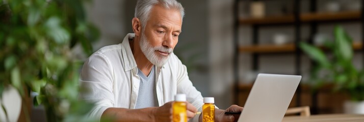 Elderly caucasian male shopping for medication online in a cozy home environment